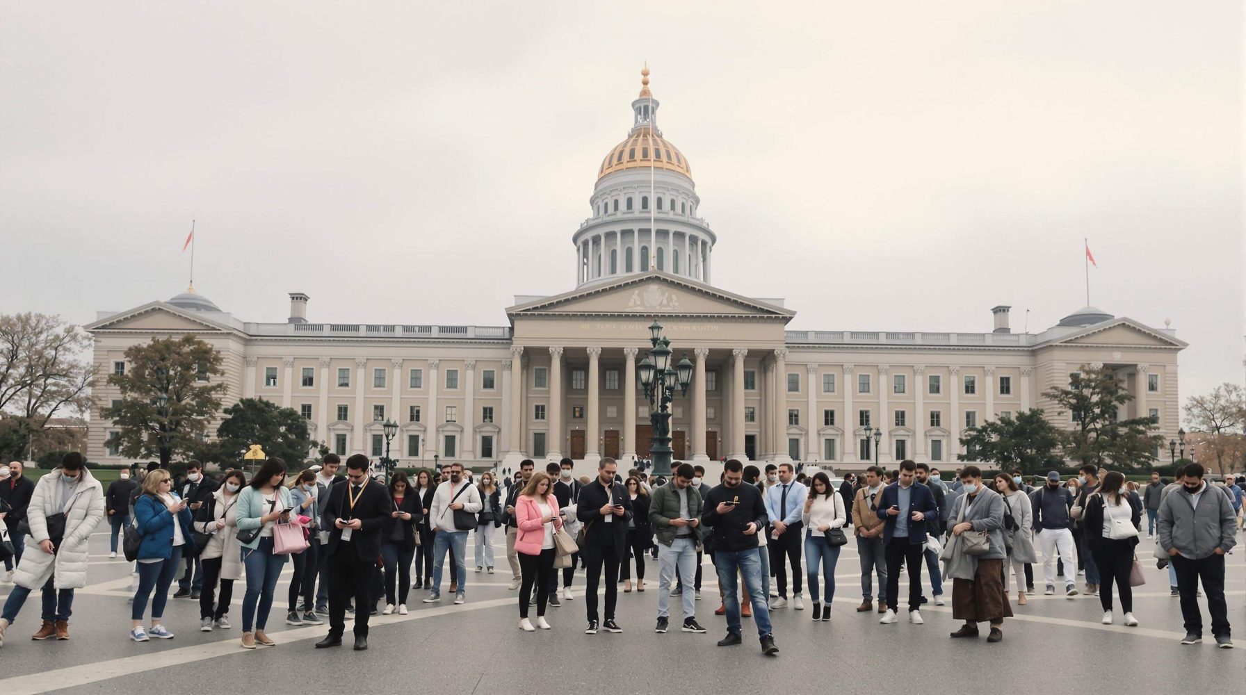 Foule de personnes, principalement jeunes, rassemblées devant un grand bâtiment à coupole