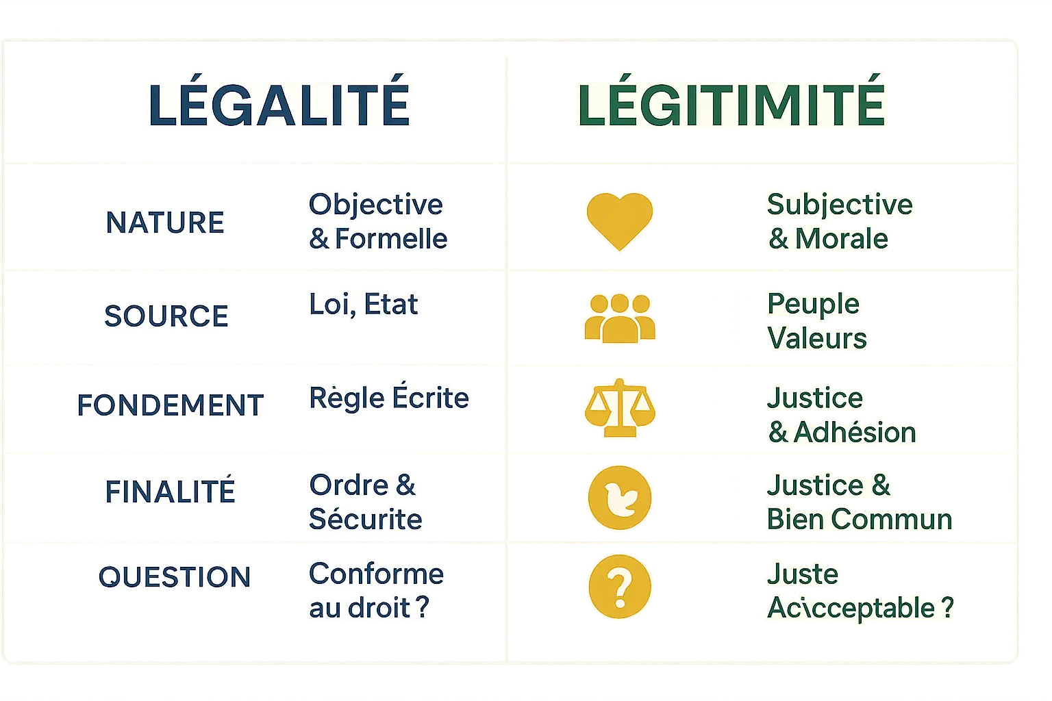 Comparaison visuelle légalité vs légitimité