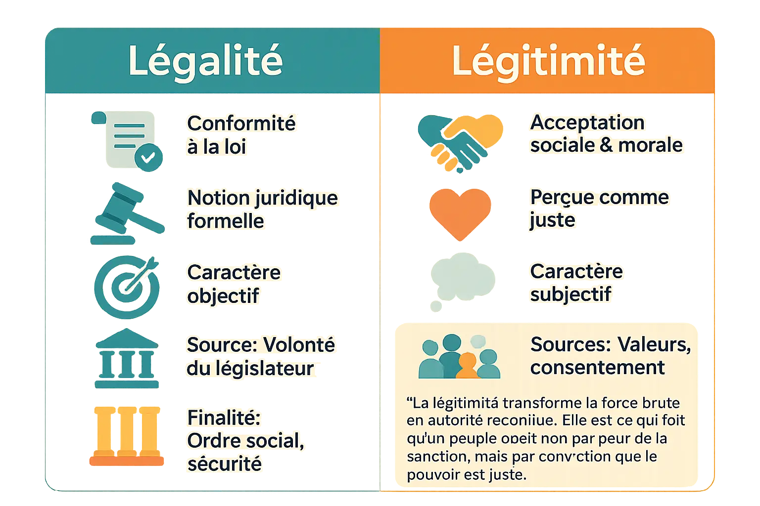 Comparaison visuelle entre légalité et légitimité dans le contexte politique