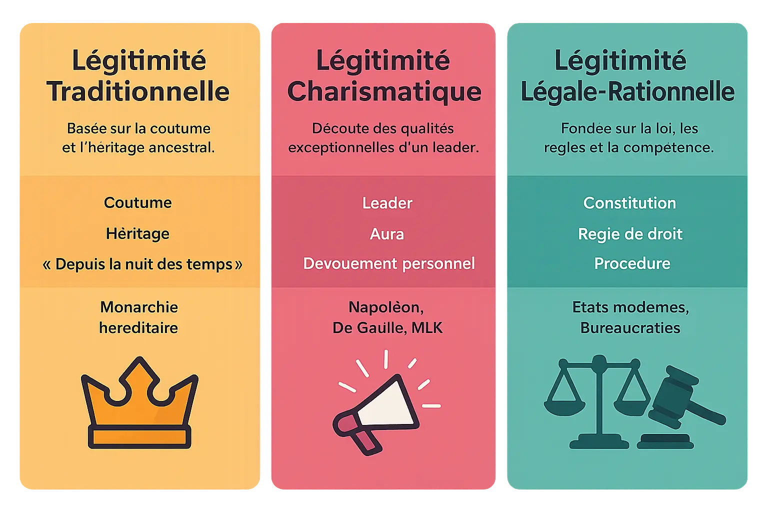 Représentation visuelle des trois types de légitimité selon Max Weber