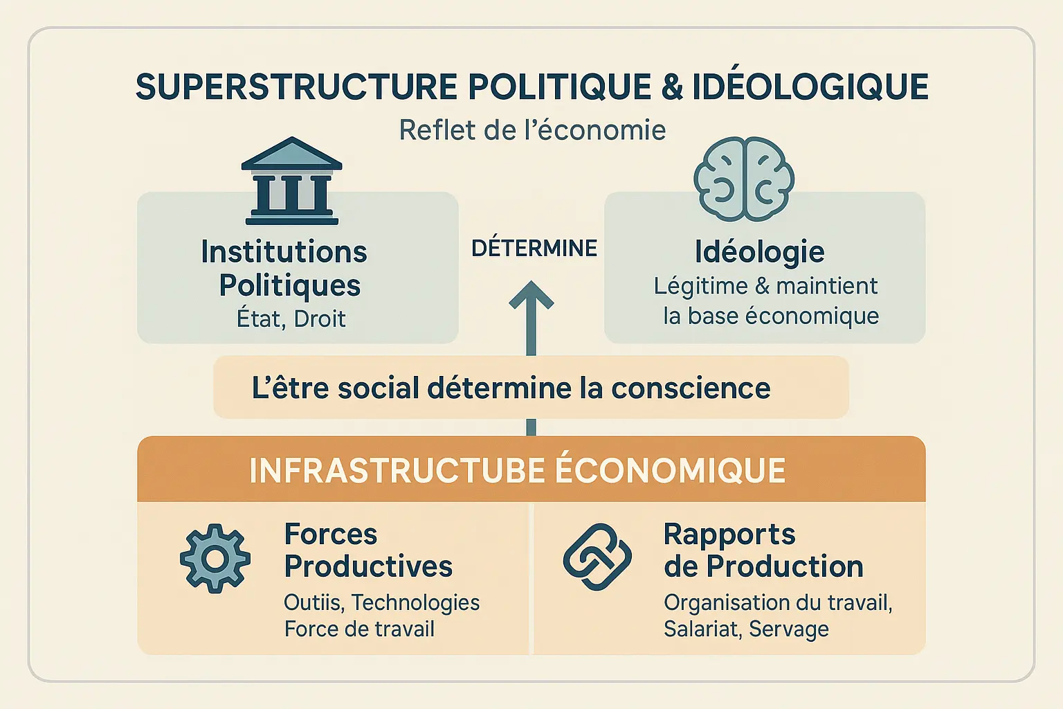 Schéma de la dialectique base/superstructure selon Marx